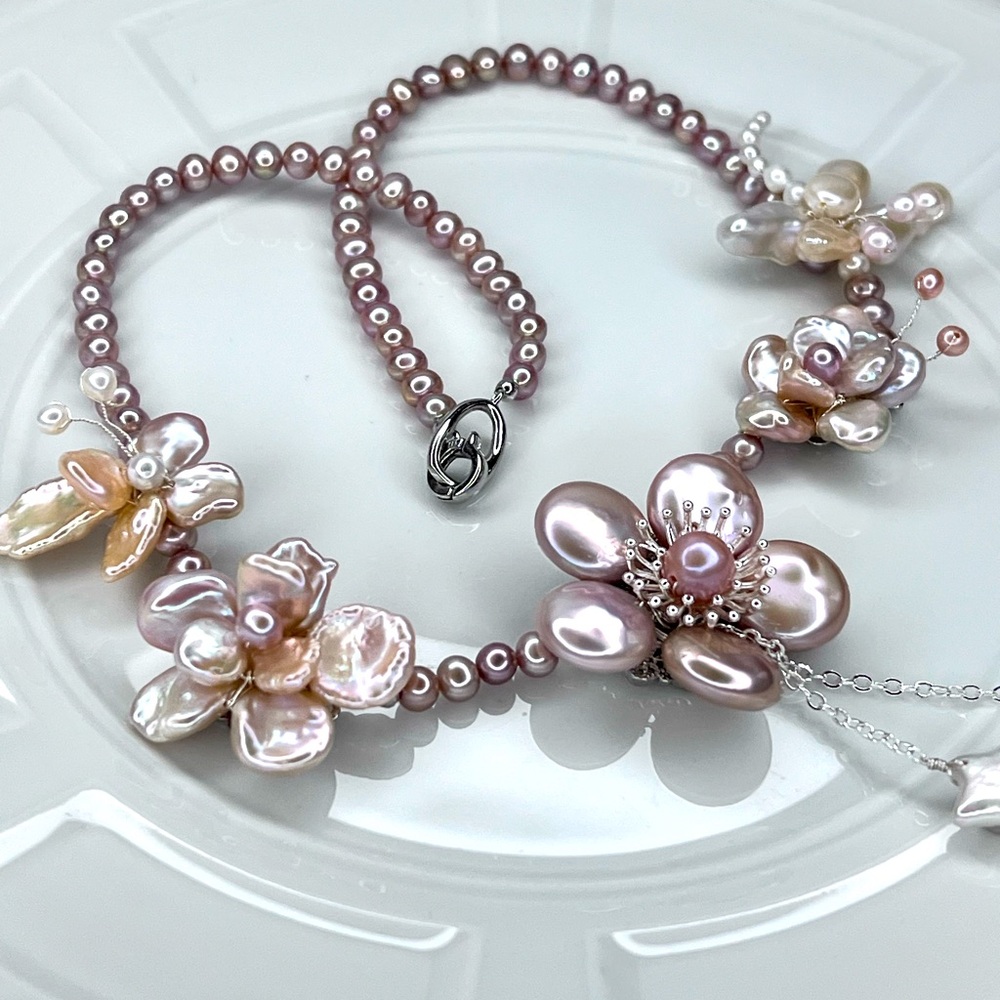 🤩🤩 Handmade Freshwater Sakura Pink Premium Coin Keshi Pearl 🌺 🦋 Necklace